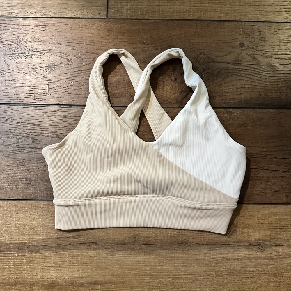Cream and White Racerback Sports Bra with Crisscross Straps